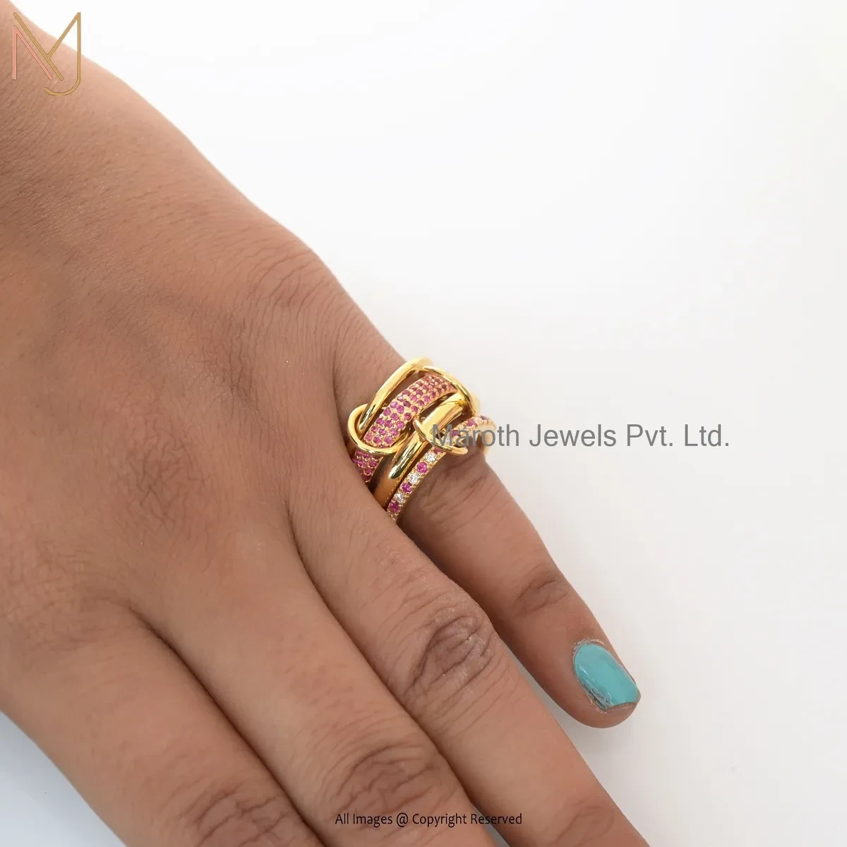 925 Silver Yellow Gold Plated Cubic Zircon Multi Link Cannector Band Ring USA