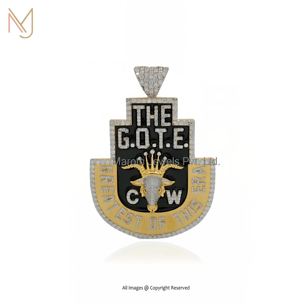 925 Silver Yellow & White Gold Plated Cubic Zircon And Black Enamel " The G.O.T.E " Pendant USA