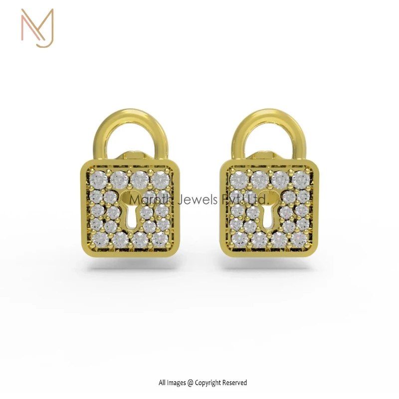 925 Silver Gold Pave Diamond Lock Shape Studs Earring Jewelry