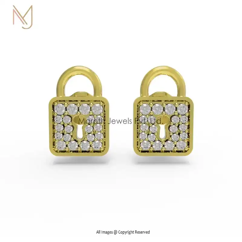 925 Silver Gold Pave Diamond Lock Shape Studs Earring Jewelry