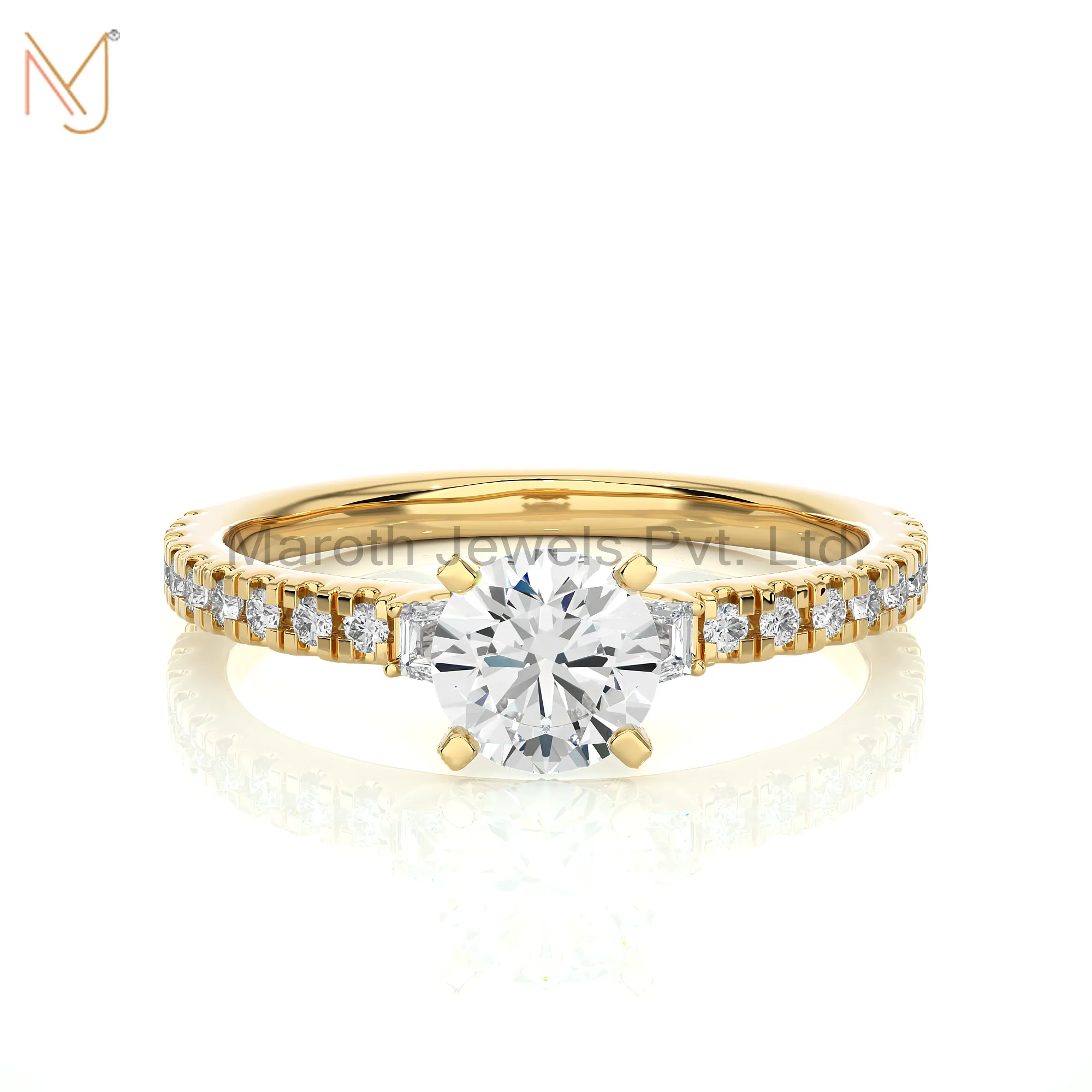 925 Silver Yellow Gold Moissanite Diamond Round Baguette Ring Wholesale