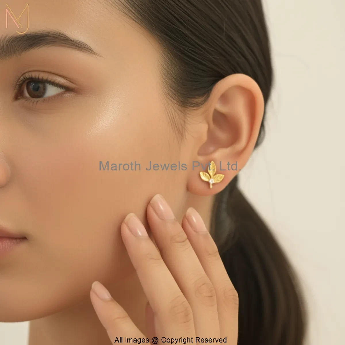 925 Silver Yellow Gold Plated Cubic Zircon Diamond Leafs Stud Earring Manufacturer