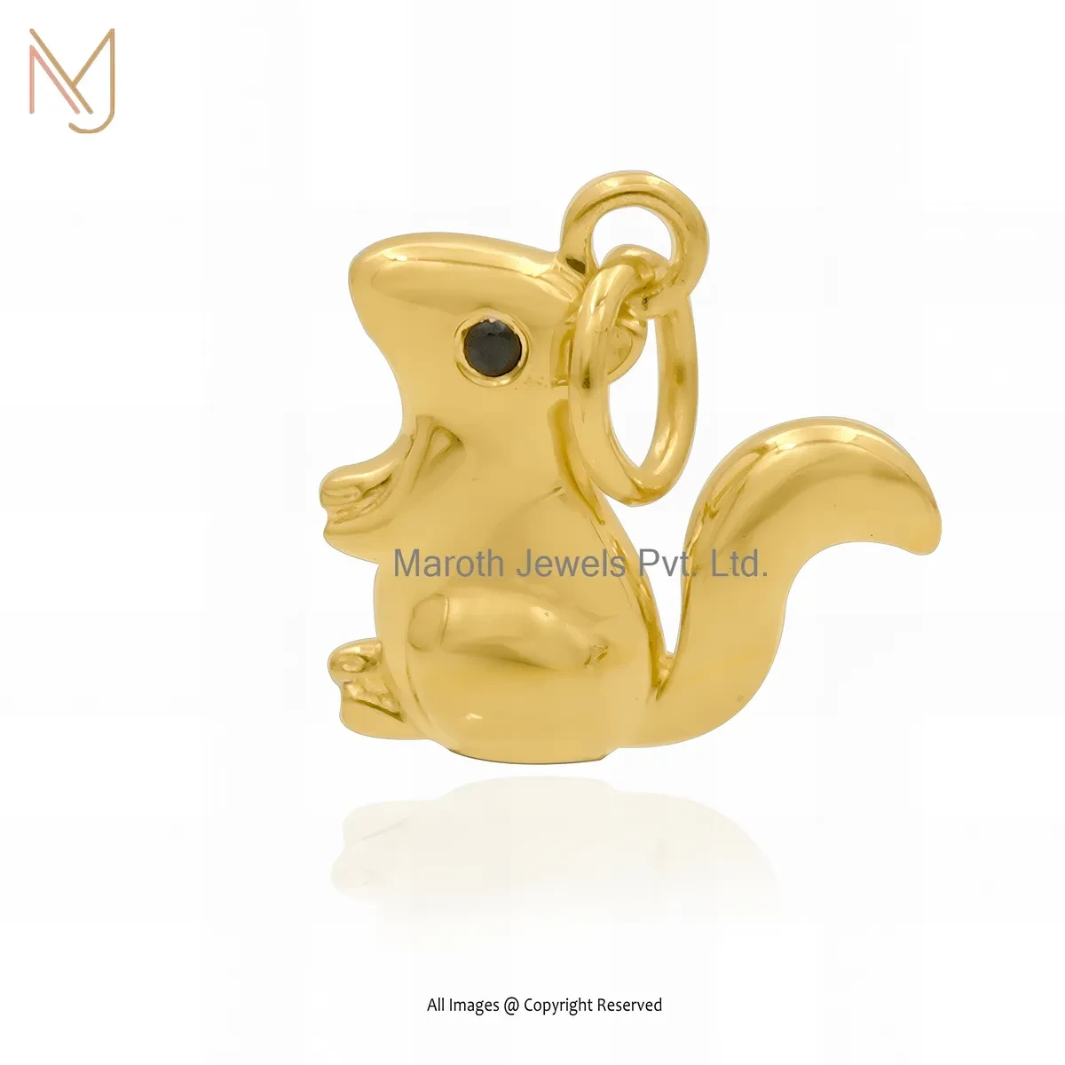 Private Lable 925 Silver Yellow Gold Plated Black Spinel Gemstone Squirrel Charm Pendant