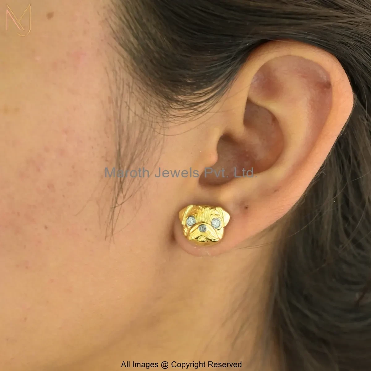 14K Yellow Gold Diamond Cubic Zircon Pug Face Stud Earring Jewelry Supplier