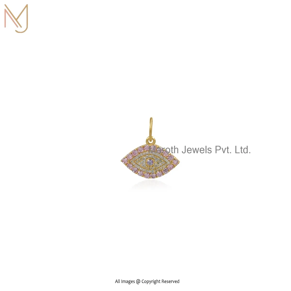 14K Yellow Gold Cubic Zircon & Pink Sapphire And Amazonite Gemstone Evil Eye Pendant USA
