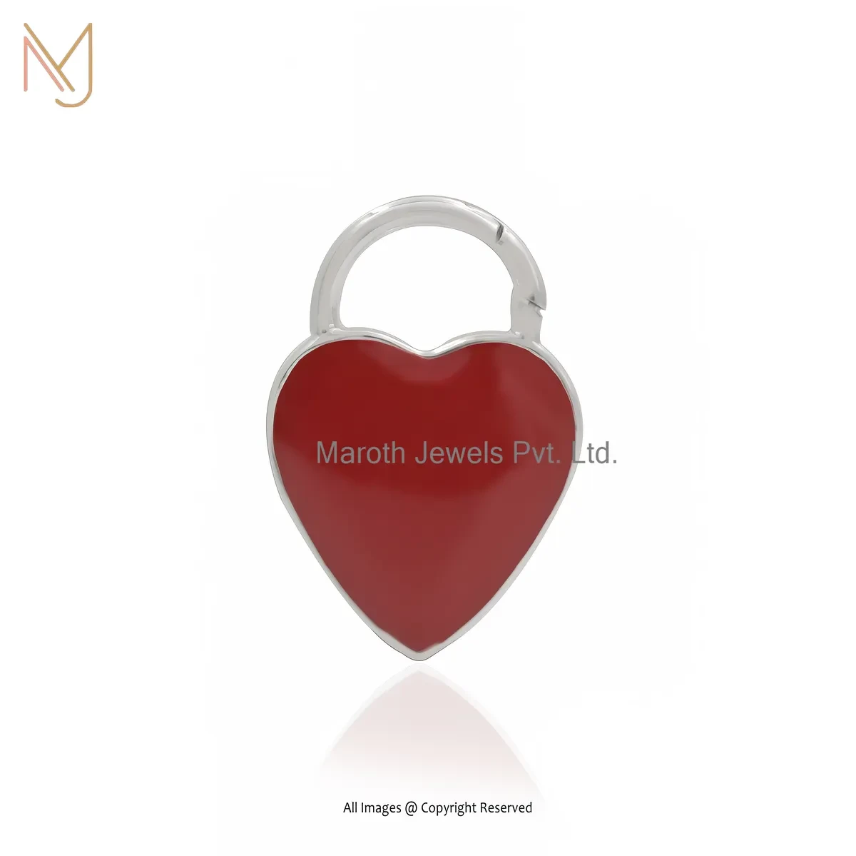 14K White Gold Red Enamel Heart Padlock Charm Holder Jewelry Supplier