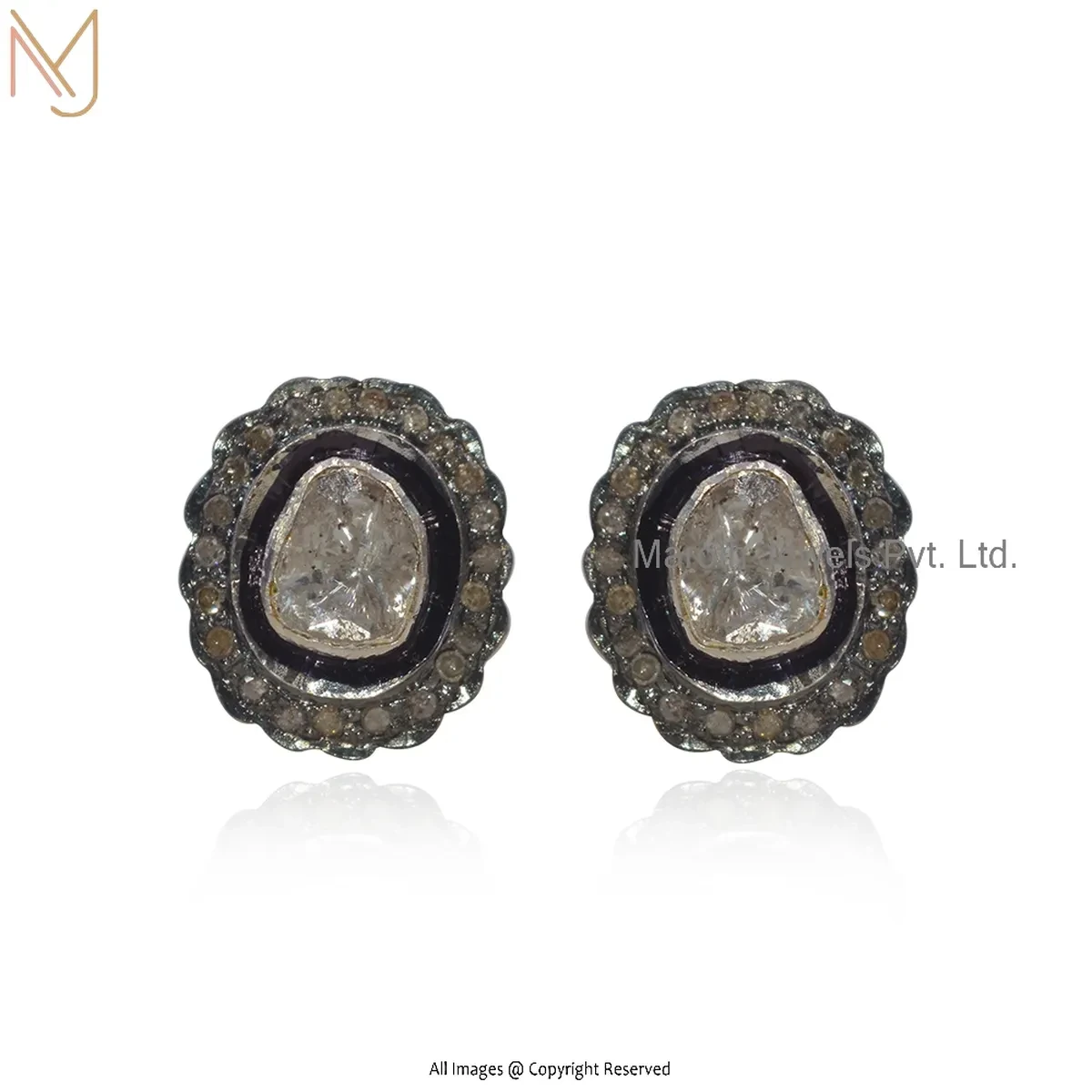 14K Yellow Gold Pave Diamond Rose Cut Polki Diamond Stud Earring Manufcaturer