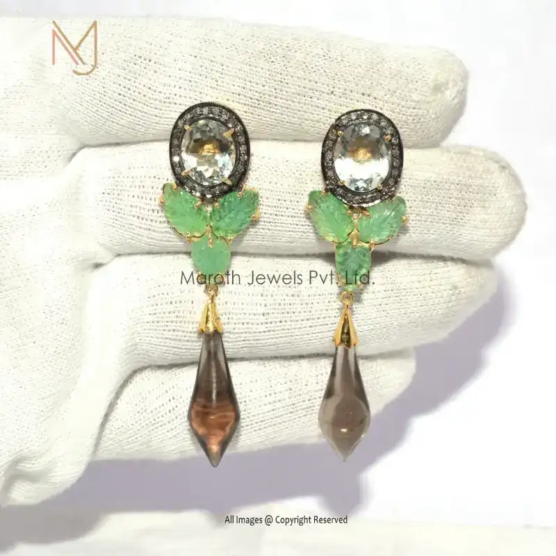 92.5 Silver Rhodium Yellow Gold Plated Rose Cut Diamond Turmaline Gemstone Smoky Quartz Earrings