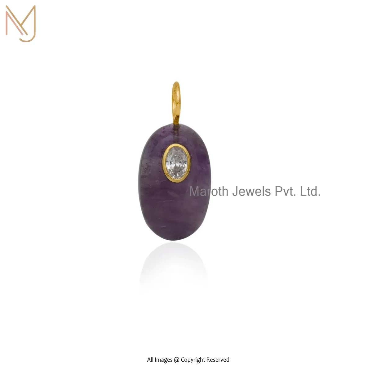 925 Silver Yellow Gold Plated Amethyst & White Topaz Oval Gemstone Pendant Custom Jewelry