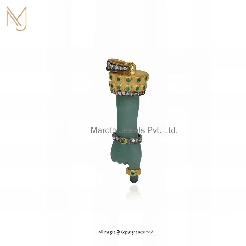Wholesale 925 Silver Yellow Gold Plated Black Onyx And Emerald & White CZ Gemstone Figa Pendant