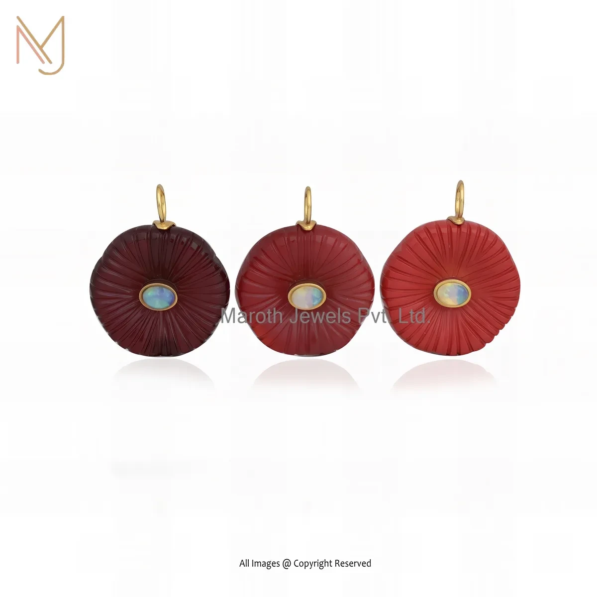 Wholesale 925 Silver Yellow Gold Plated Red Coral And Ethiopian Opal Gemstone Flower Pendant