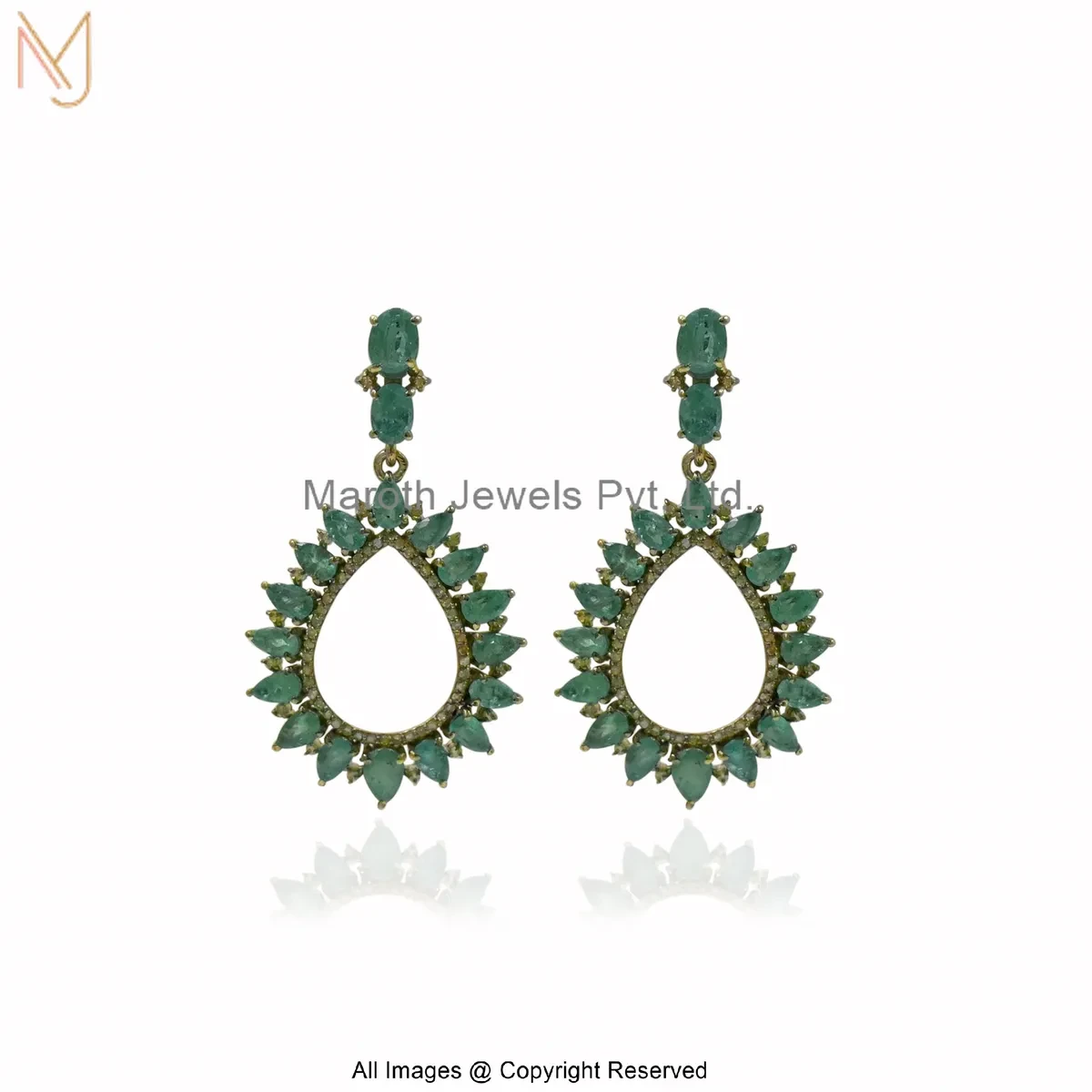 Wholesale 925 Silver Rhodium Plated Pave Diamond Emerald Antique Finish Green Marquise Teardrop Earrings