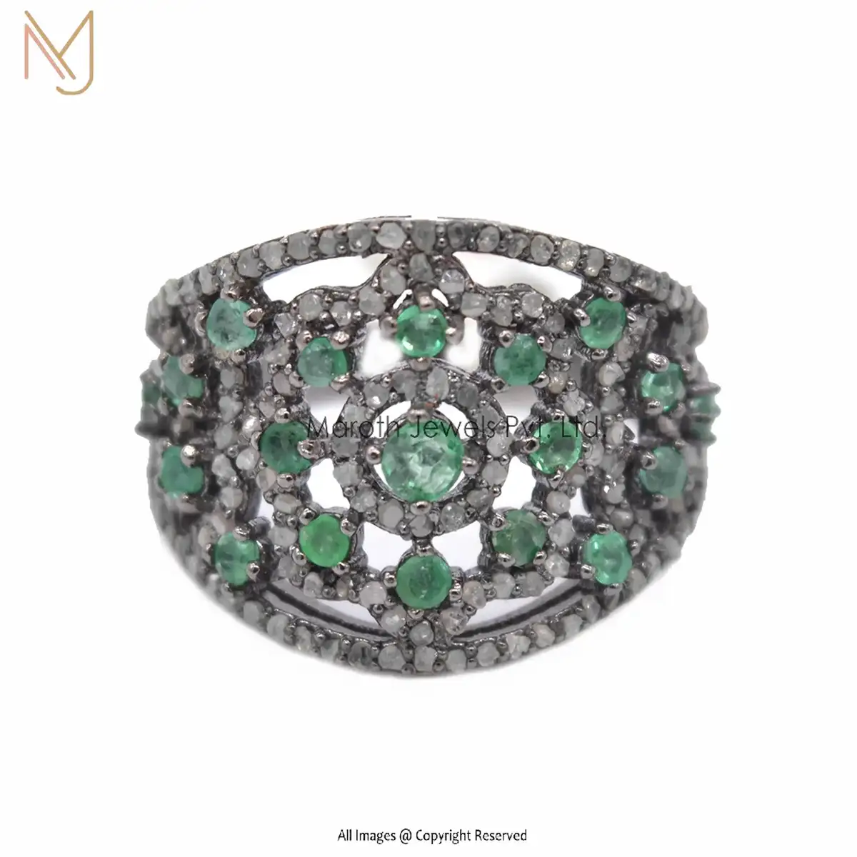 925 Silver Rhodium Plated Pave Diamond Ring Emerald Gemstone Ring Jewelry Manufacturer