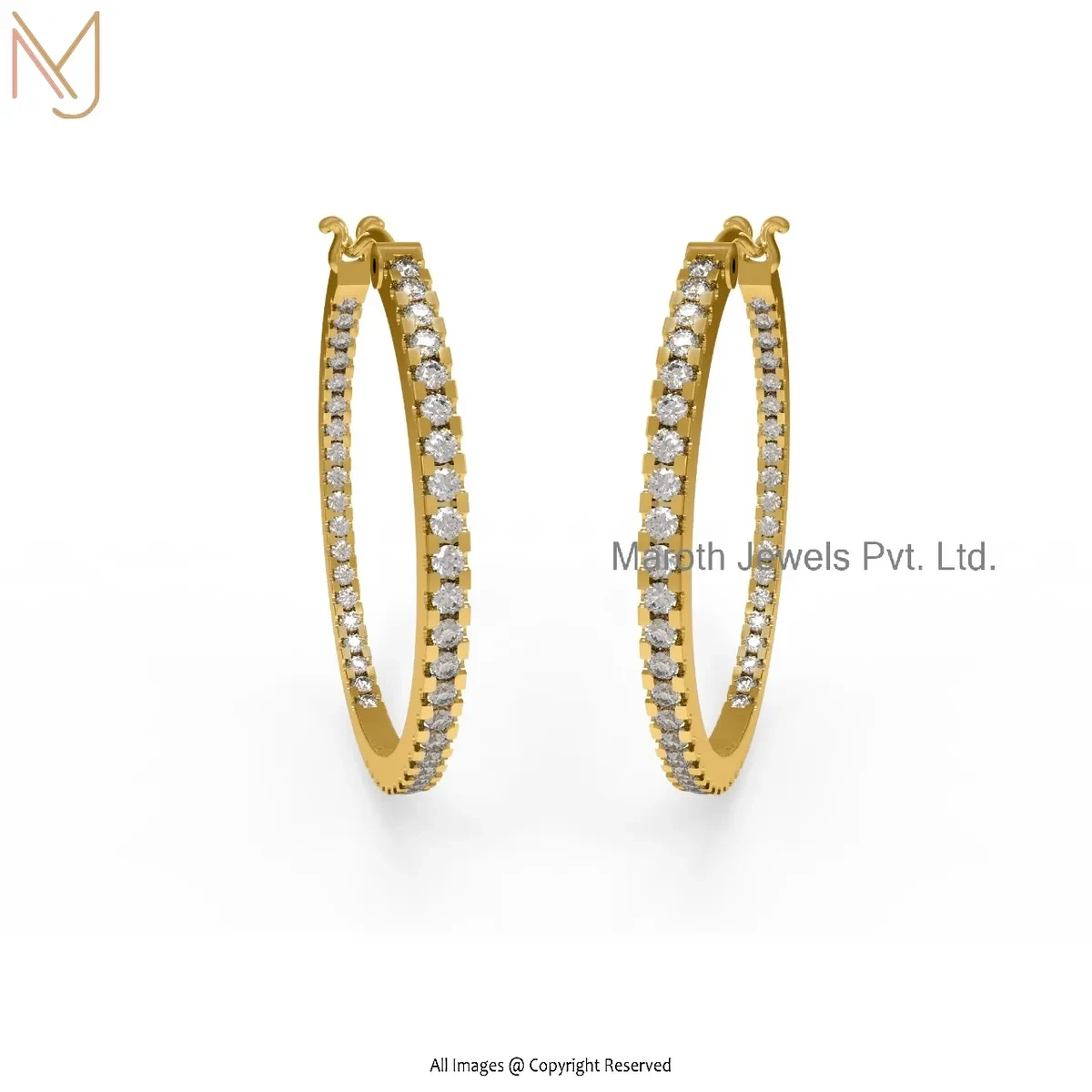 14K Solid Yellow Gold Pave Diamond Hoop Earring Jewelry Supplier