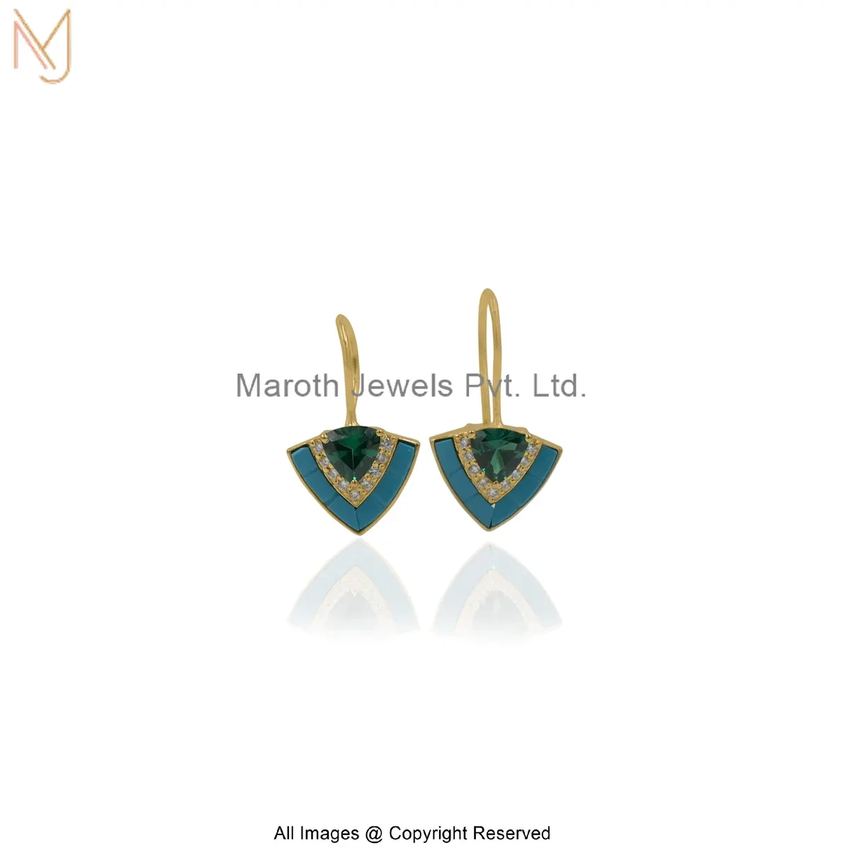 925 Silver Yellow Gold Plated Cubic Zircon Emerald Blue Fan Drop Earrings Manufacturer