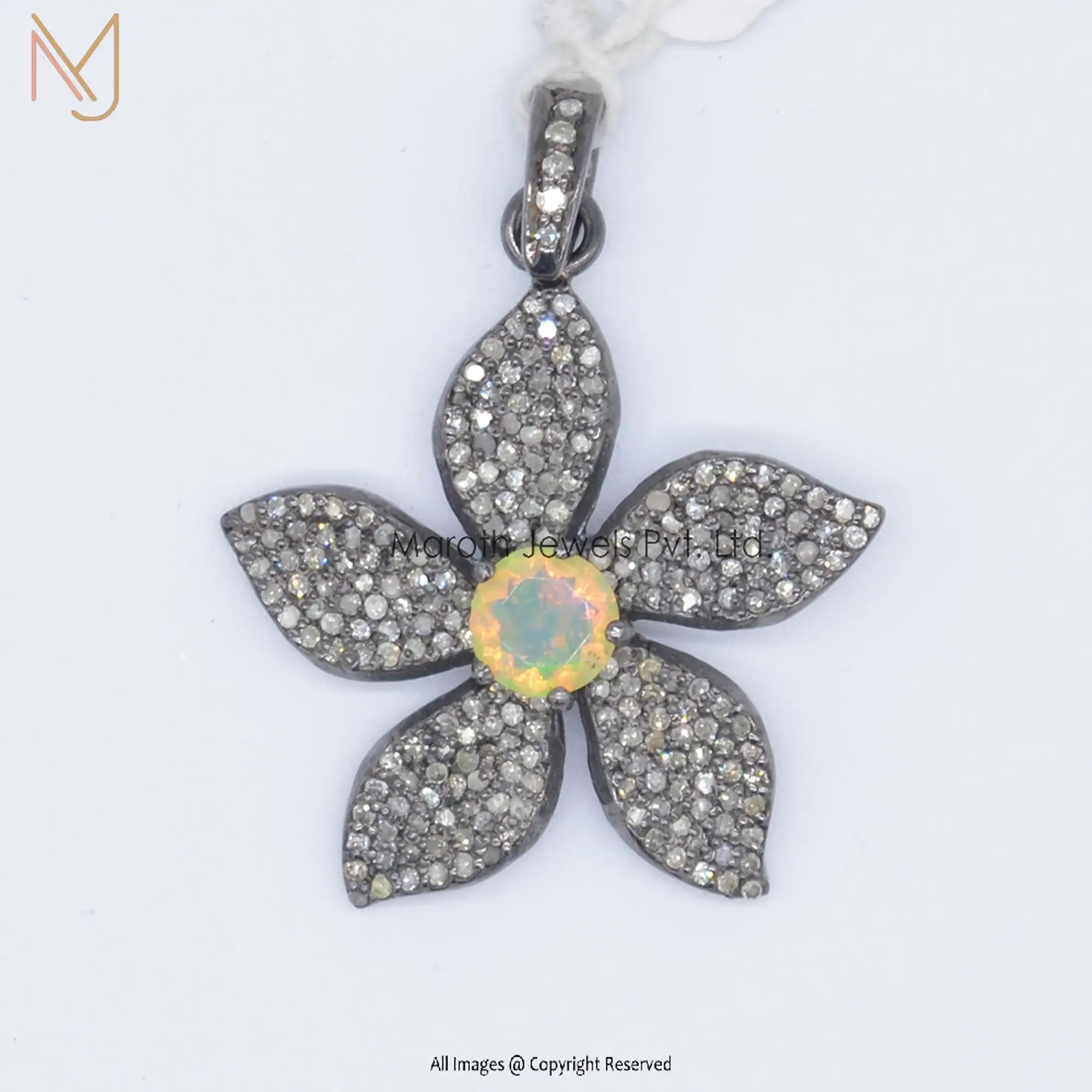 925 Silver Pave Diamond And Opal Gemstone Leaf Flower Pendant Jewelry Manufacturer
