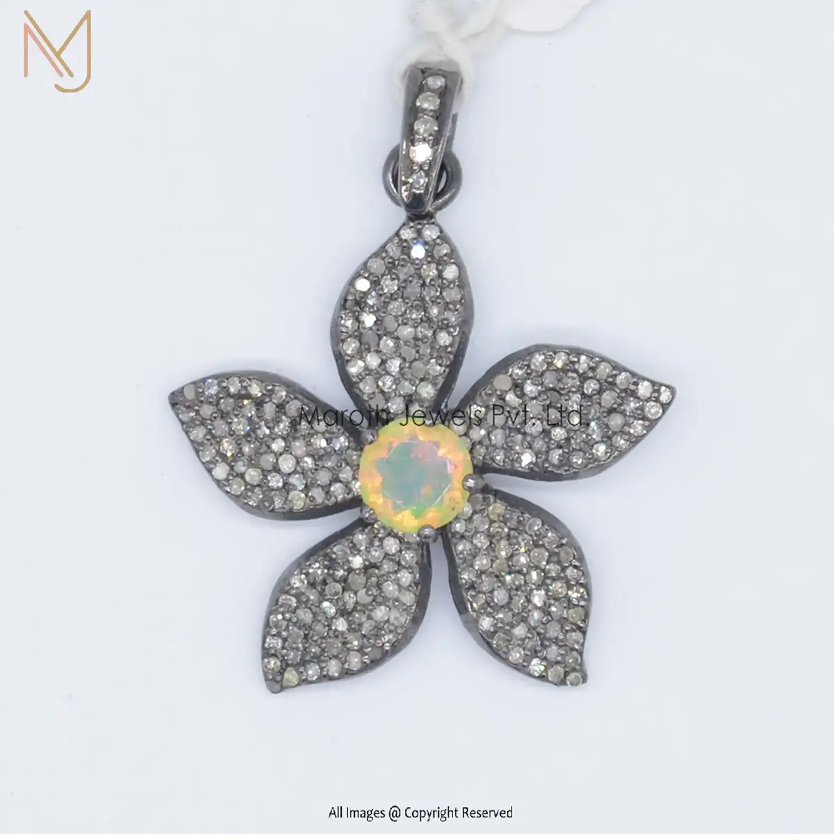 925 Silver Pave Diamond And Opal Gemstone Leaf Flower Pendant Jewelry Manufacturer