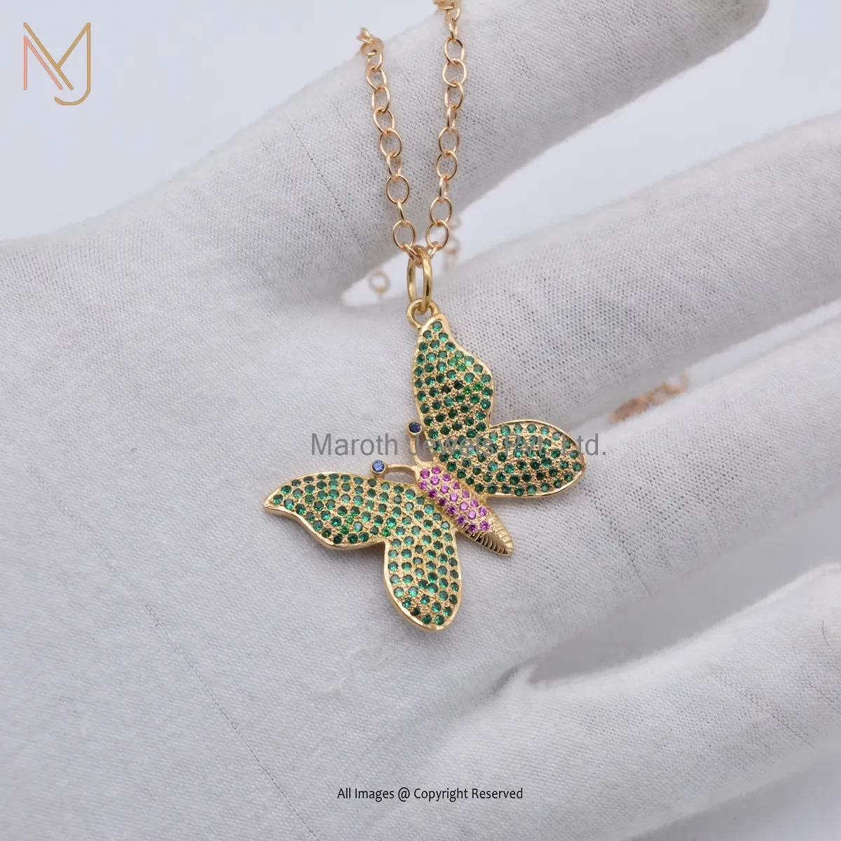 14K Yellow Gold Tsavorite And Ruby & Blue Sapphire Gemstne Butterfly Pendant USA