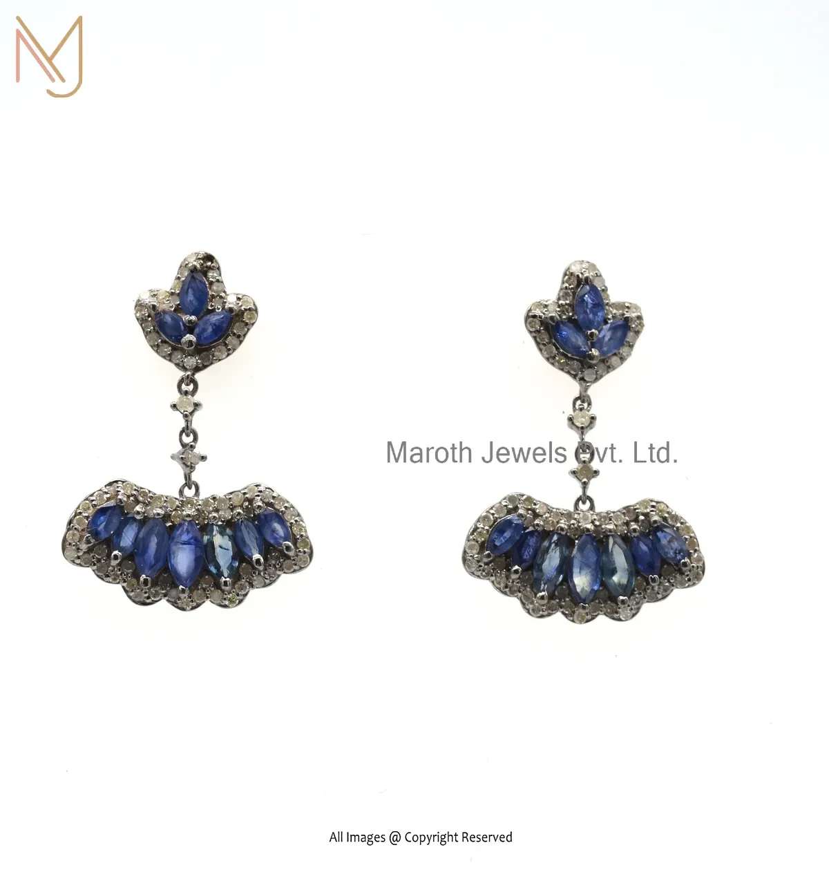 14K White Gold Pave Diamond Handmade Blue Sapphire Drop Earring Jewelry Supplier