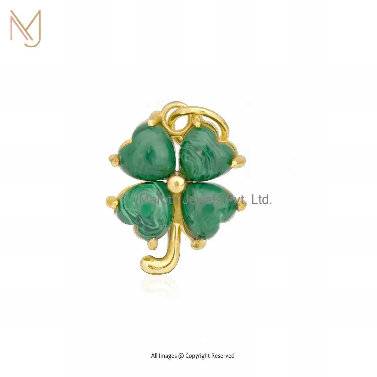 14K Yellow Gold Malachite Heart Shape Leaf Charm Pendant Custom Jewelry