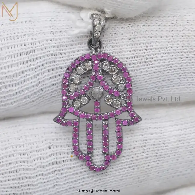 925 Silver Black Rhodium Ruby Gemstone Pave Diamond Hamsa Pendant Jewelry Supplier