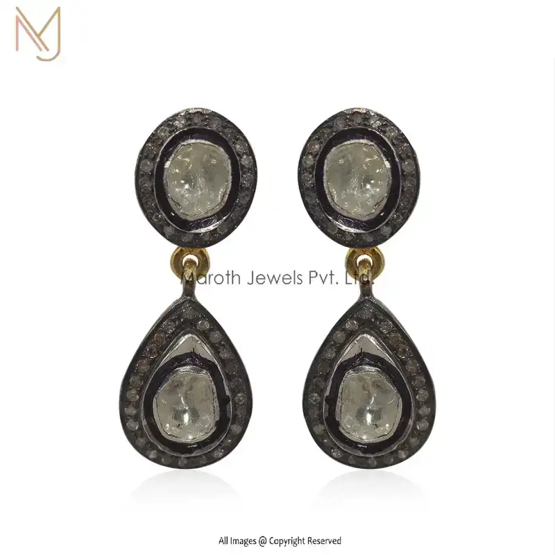 925 Silver Yellow Gold Rhodium Plated Pave Diamond And Rose Cut Diamond  Stud Earring