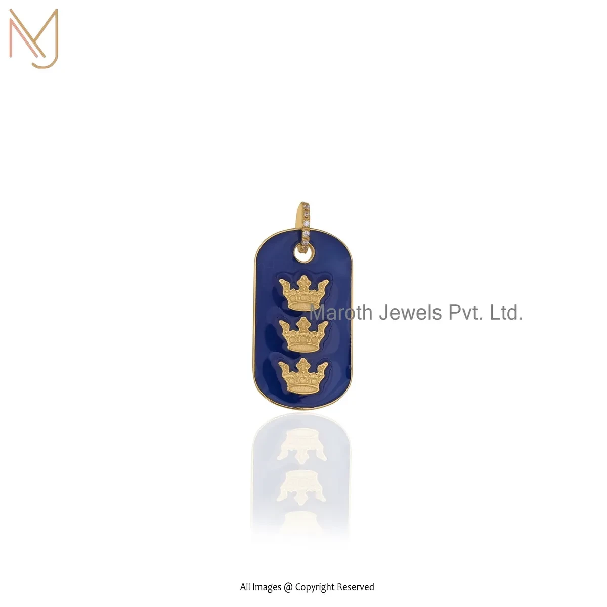 14K Yellow Gold Cubic Zircon & Enamel Dog Tag Crown Pendant Custom Jewelry