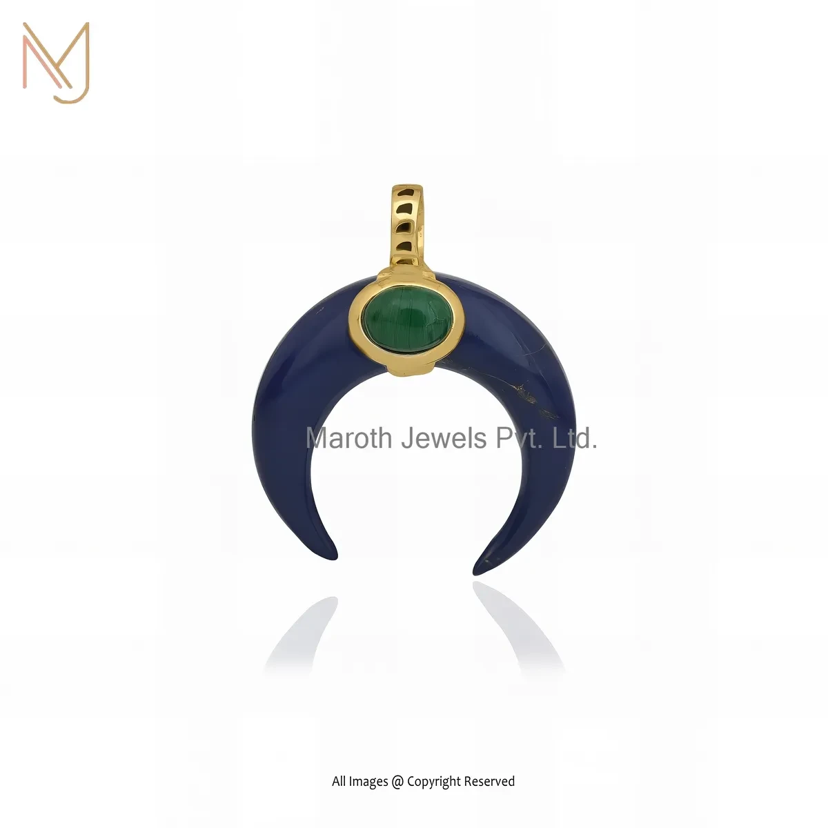 925 Sterling Silver Yellow Gold Plated Lapiz Lazuli And Malachite & Black Enamel Moon Pendant USA