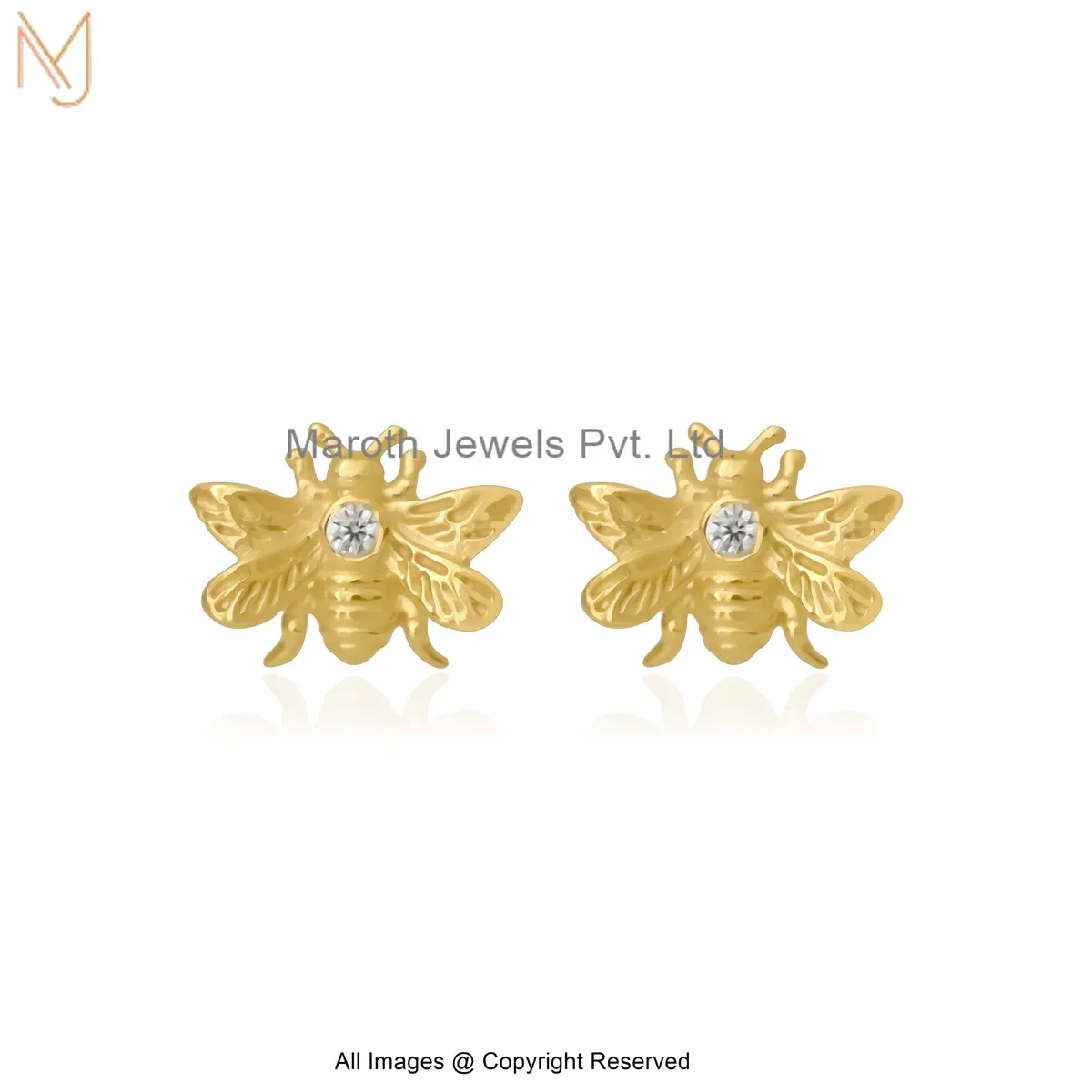 925 Silver Yellow Gold Plated Diamond Bee Stud Earring Custom Jewelry