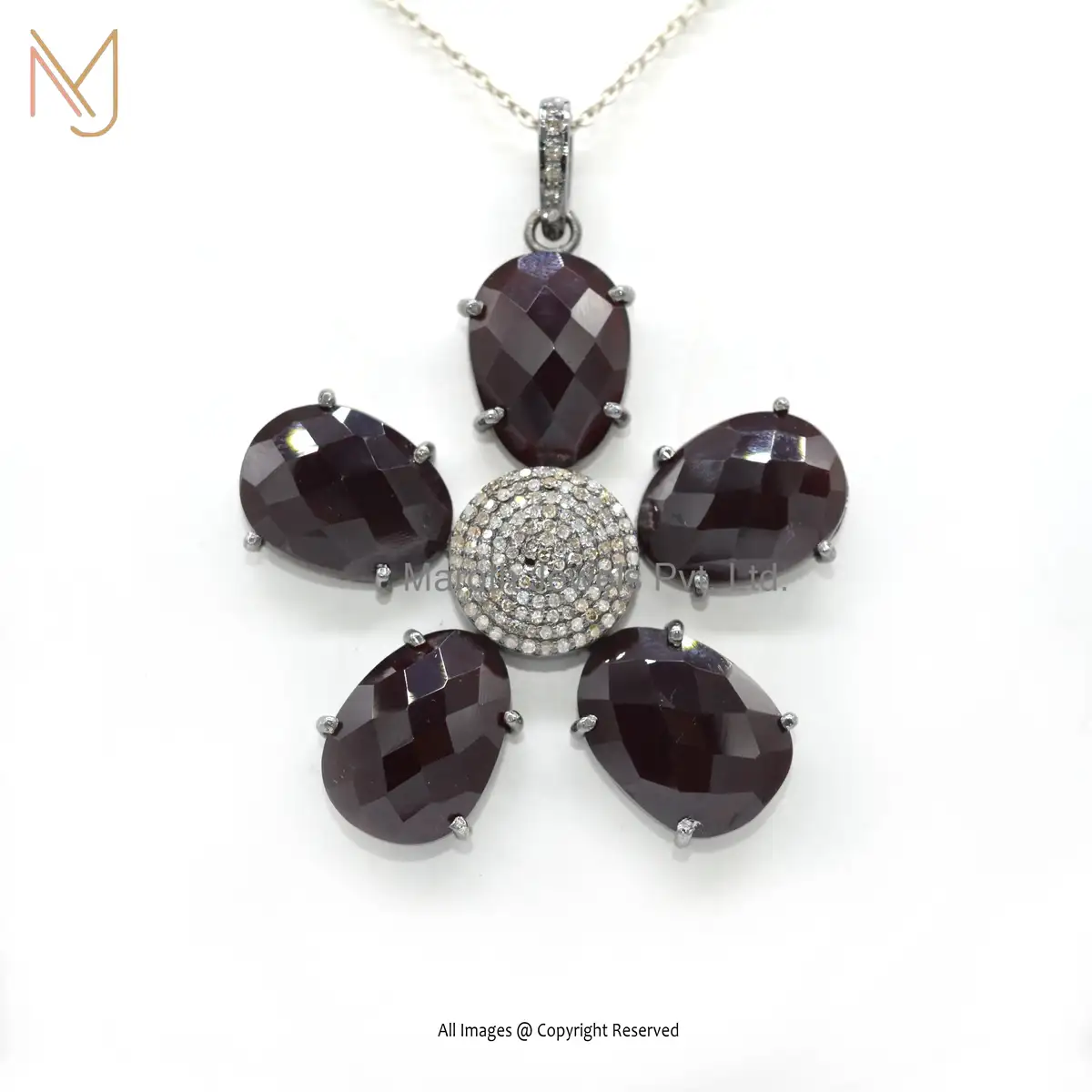 925 Silver Rhodium Plated Pave Diamond & Garnet Gemstone Jewelry Pendant Jewelry USA