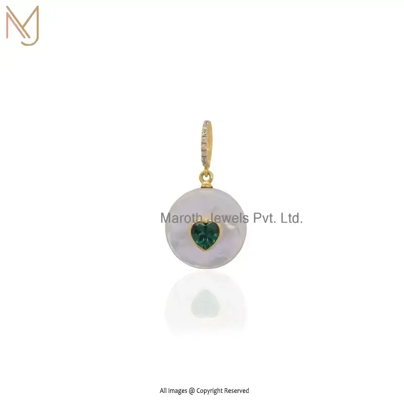 Wholesale 925 Silver Yellow Gold Plated Mother Of Pearl And Green Opal Cubic Zircoina Round Pendant