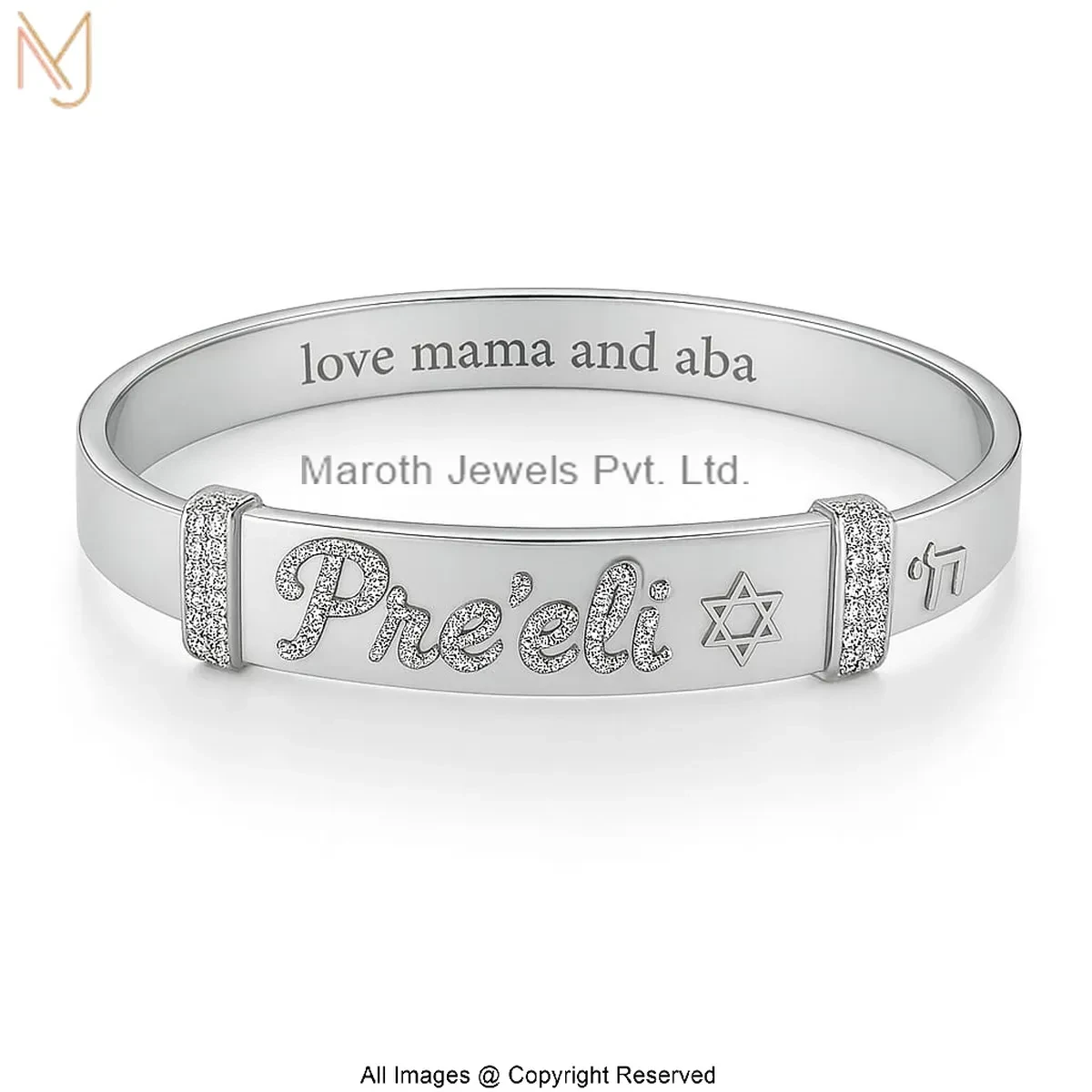 14K White Gold Moissanite Pre’eli Love Mama Aba Silver Bangle Jewelry Supplier