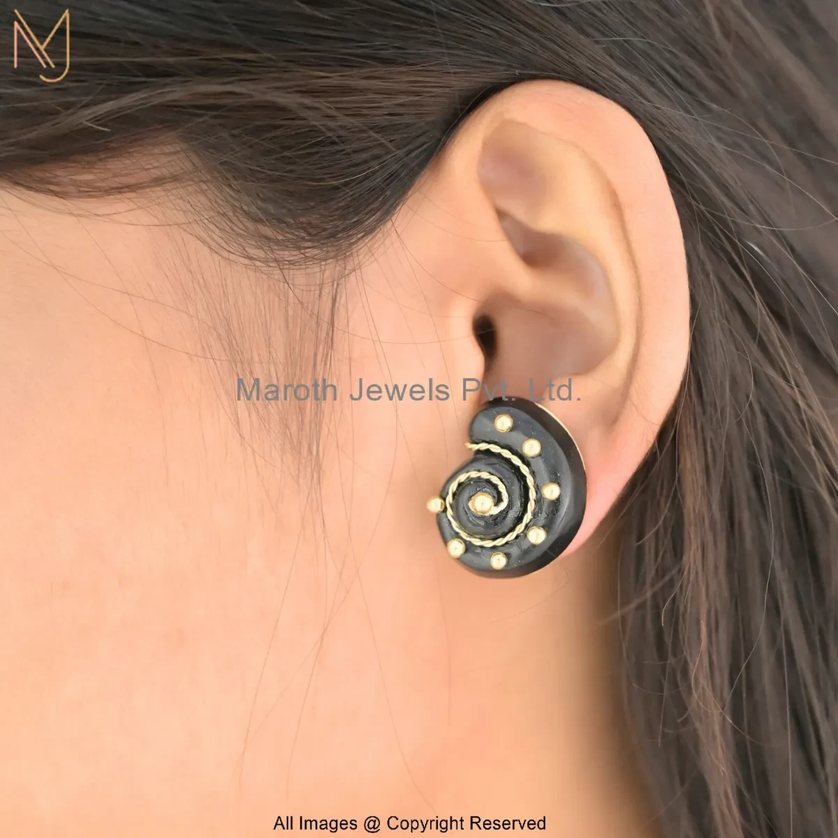 925 Silver Yellow Gold Plated Black Onyx Spiral Stud Earrings Custom Jewelry
