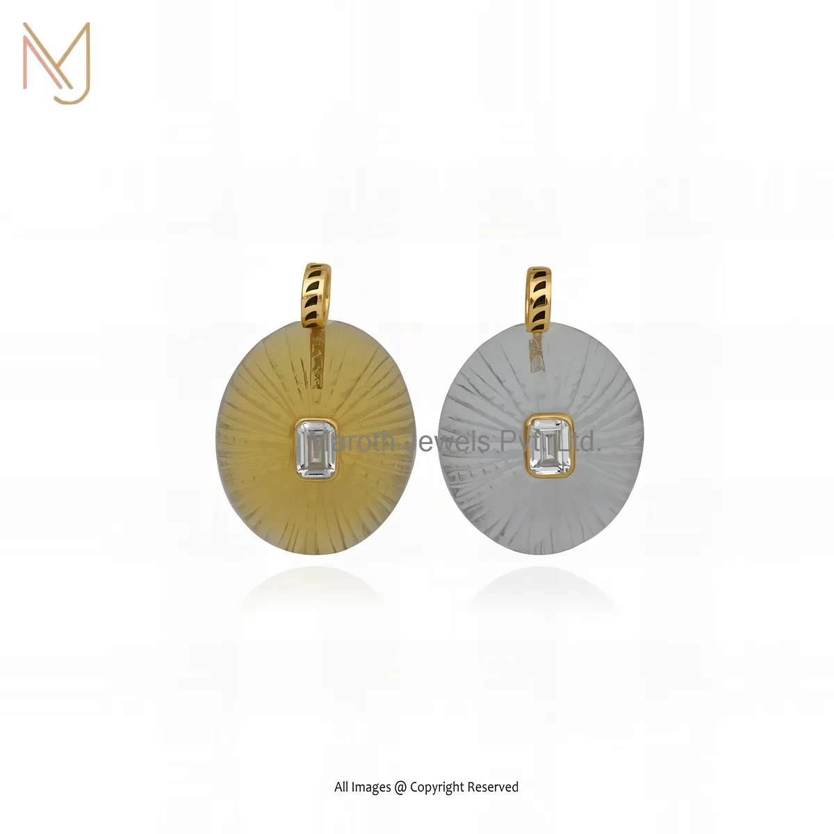 925 Silver Yellow Gold Plated Clear Quartz And White Topaz Baguettes & Black Enamel Urchin Pendant USA