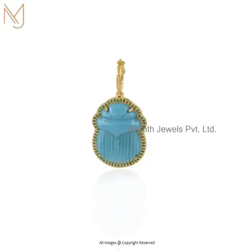 925 Silver Yellow Gold Plated Turquoise Green Cubic Zircon Carved Scarab Pendant Custom Jewelry