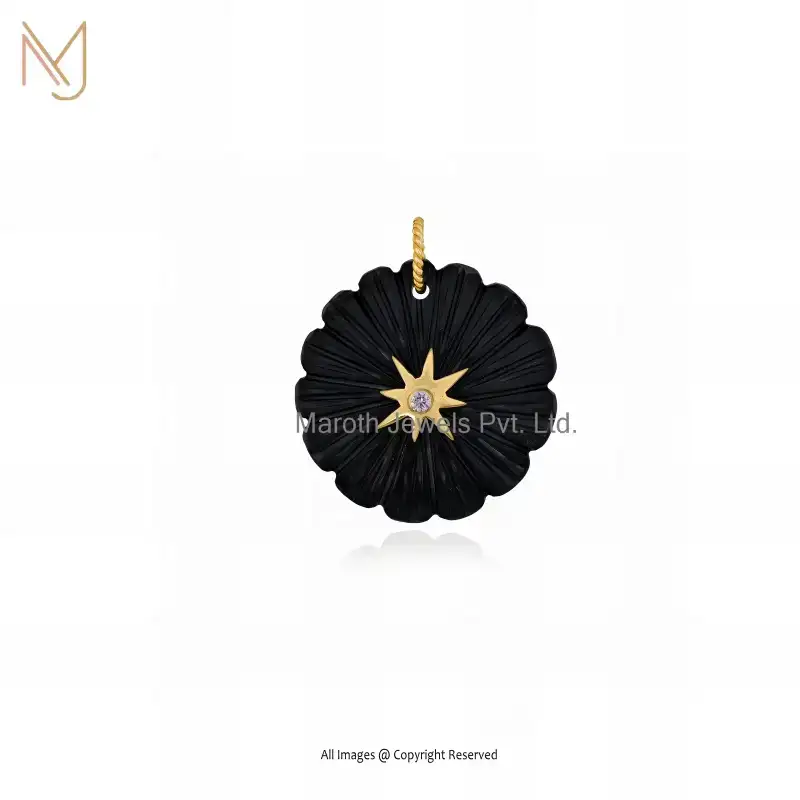 925 Steling Silver Yellow Gold Plated Black Onyx & Pink CZ Flower Pendant Custom Jewelry
