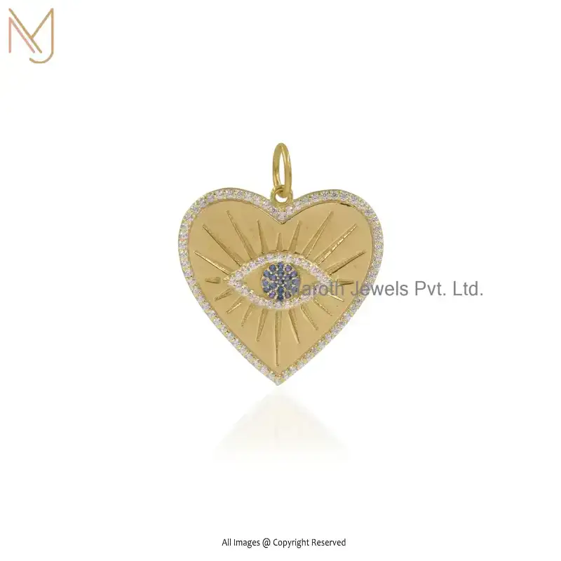 925 Silver Yellow Gold Plated Cubic Zircon Blue CZ Evil Eye Heart Gemstone Pendant USA