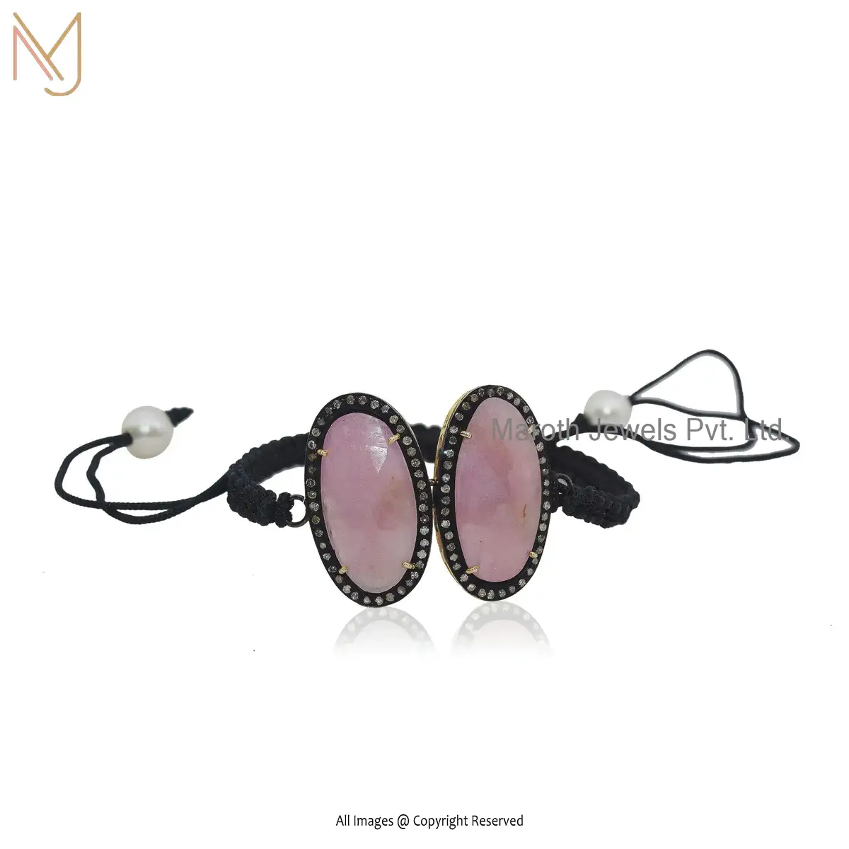 925 Silver Oxidized Yellow Gold Plated Pave Diamond Pink Quartz Bracelet USA