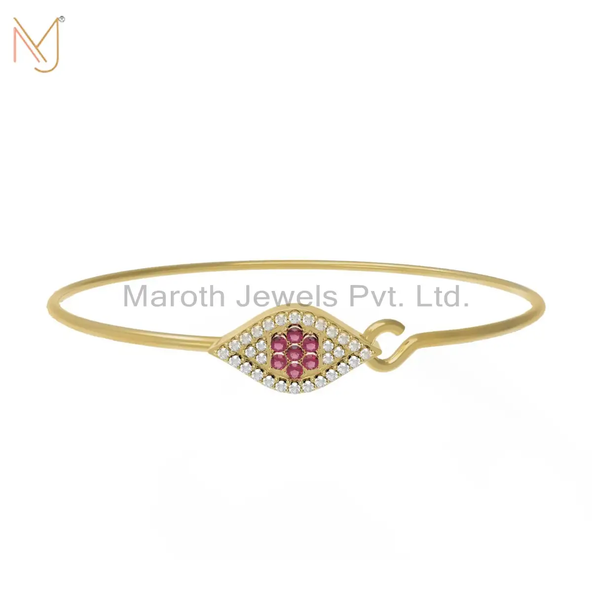 14K Yellow Gold Pave Diamond Evil Eye Pink Sapphire Gemstone Bangle Manufacturer