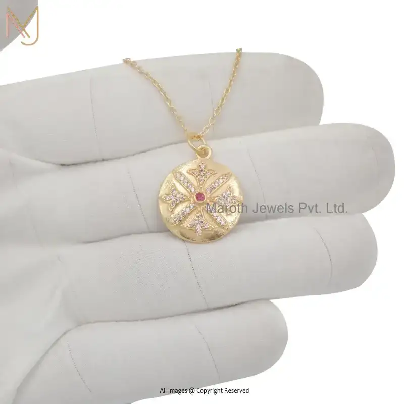 14K Yellow Gold Pink Cubic Zircon Round Disc Pendant Custom Jewelry