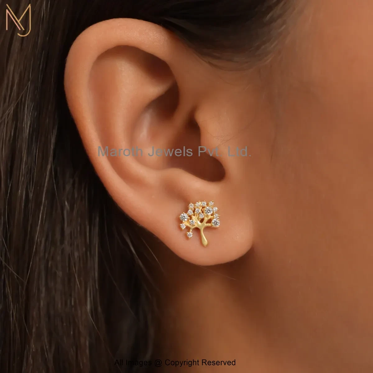 14K Yellow Gold Diamond Cubic Zircon Tree Of Life Stud Earring Custom Jewelry