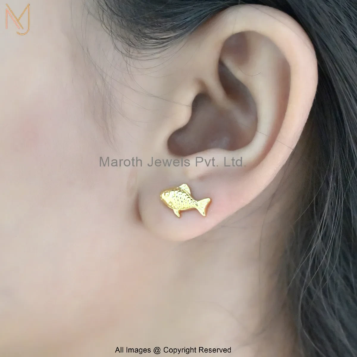 14K Yellow Gold Fish Stud Earring Custom Jewelry