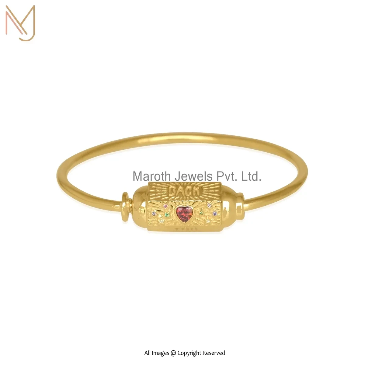 14K Yellow Gold Enamel Multi Gemstone Heart Shaped Amulet Bangle USA