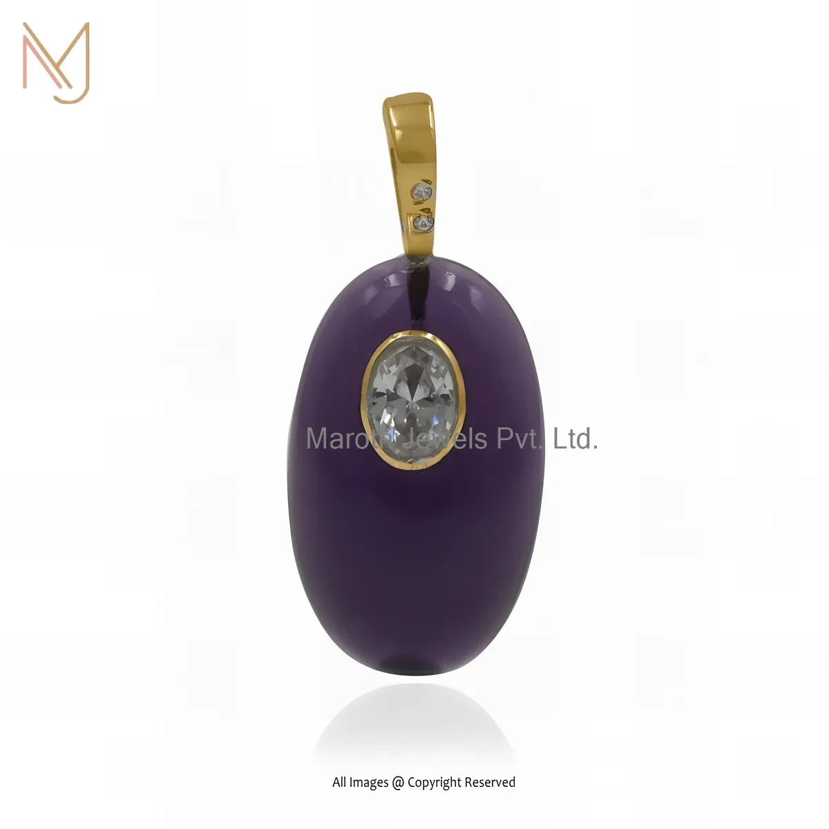 925 Silver Yellow Gold Plated White Cubic Zircon & Amethyst Oval Pendant Manuafcturer