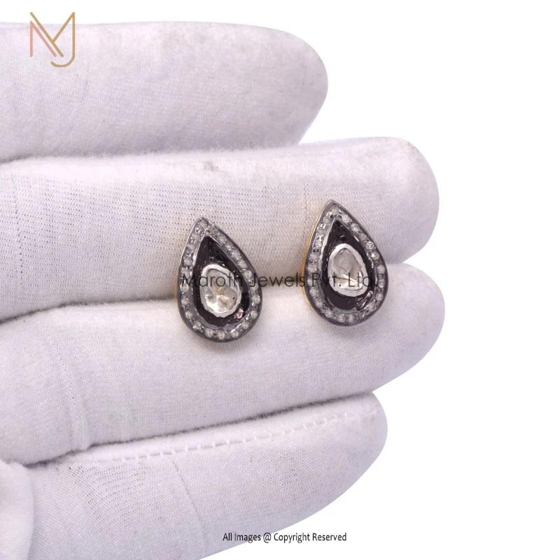 925 Silver Pave Diamond And Rose Cut Polki Diamond Drop Stud Earrings manufacture