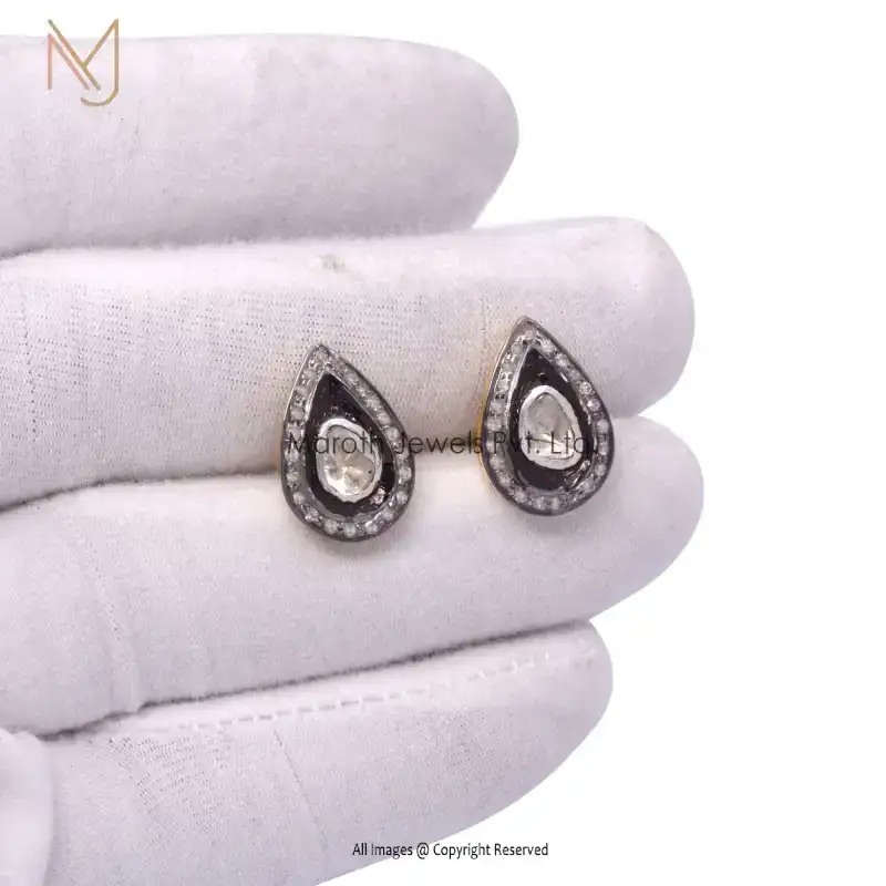 925 Silver Pave Diamond And Rose Cut Polki Diamond Drop Stud Earrings Manufacture