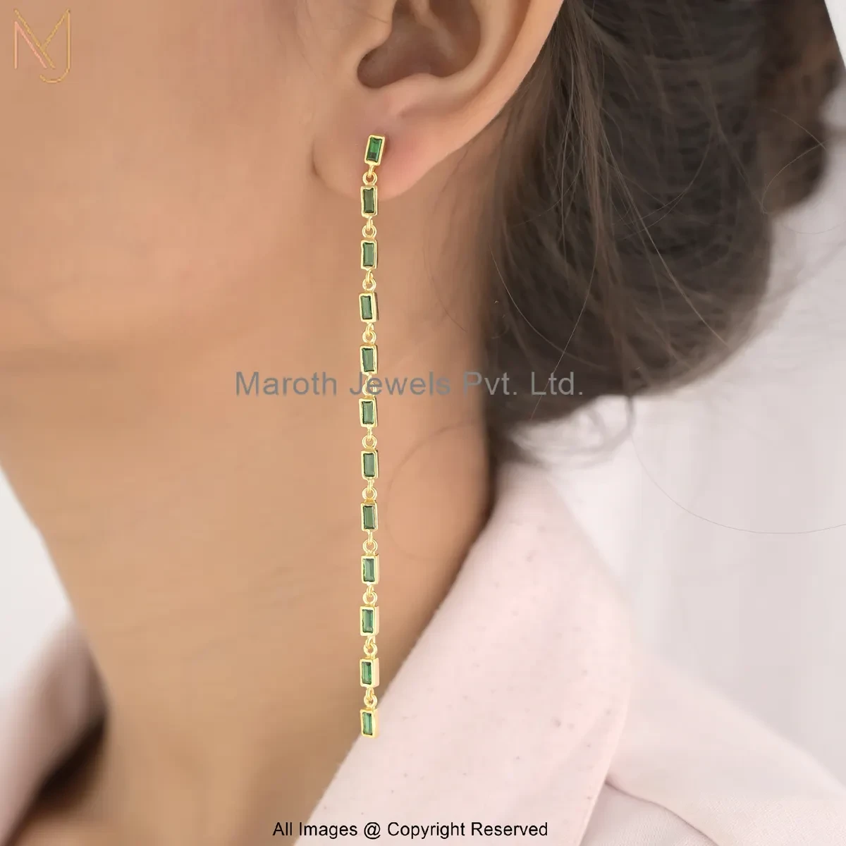 14K Yellow Gold Baguette-Cut Emerald Long Drop Earrings Custom Jewelry