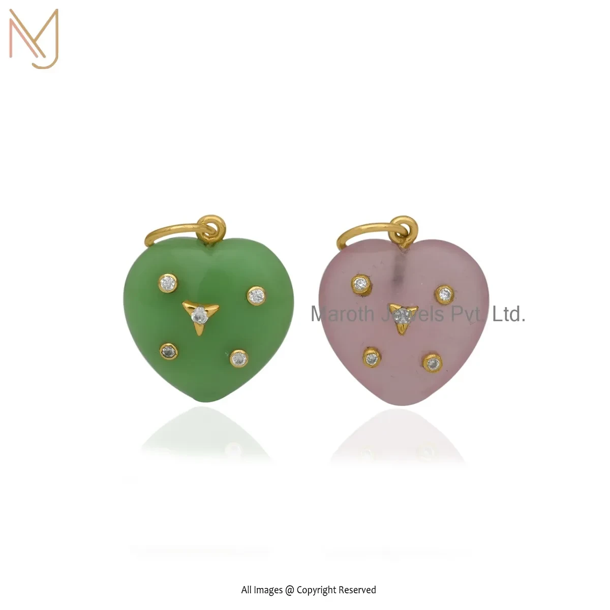 14K Yellow Gold Cubic Zircon & Pink Opal Gemstone Heart Pendant Jewelry Supplier