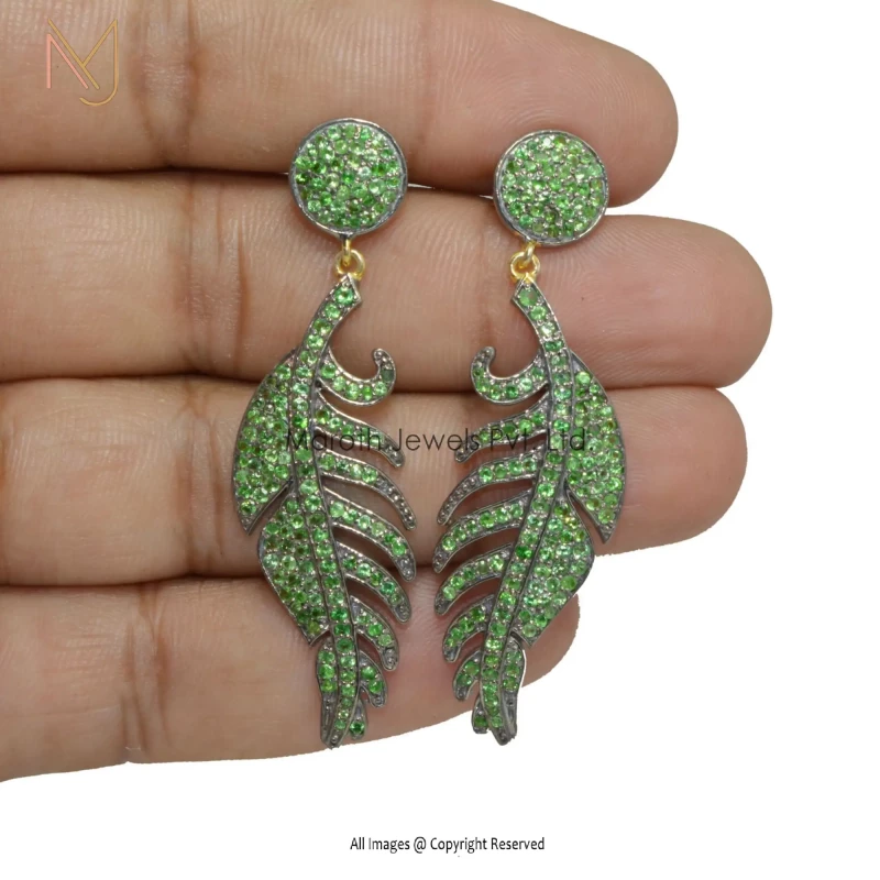 Solid Gold Pave Micron Setting Tsavorite Gemstone Leaf Drop Earring Jewelry Manufacturer