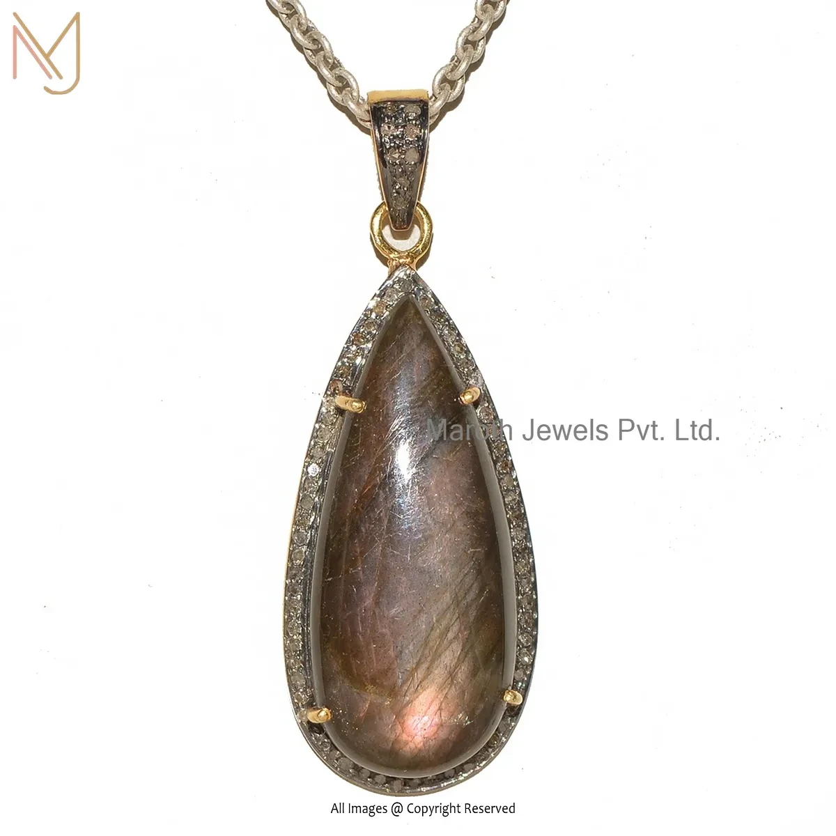 925 SIlver Rhodium Yellow Gold Plated Diamond And Labradorite Teardrop Pendant USA